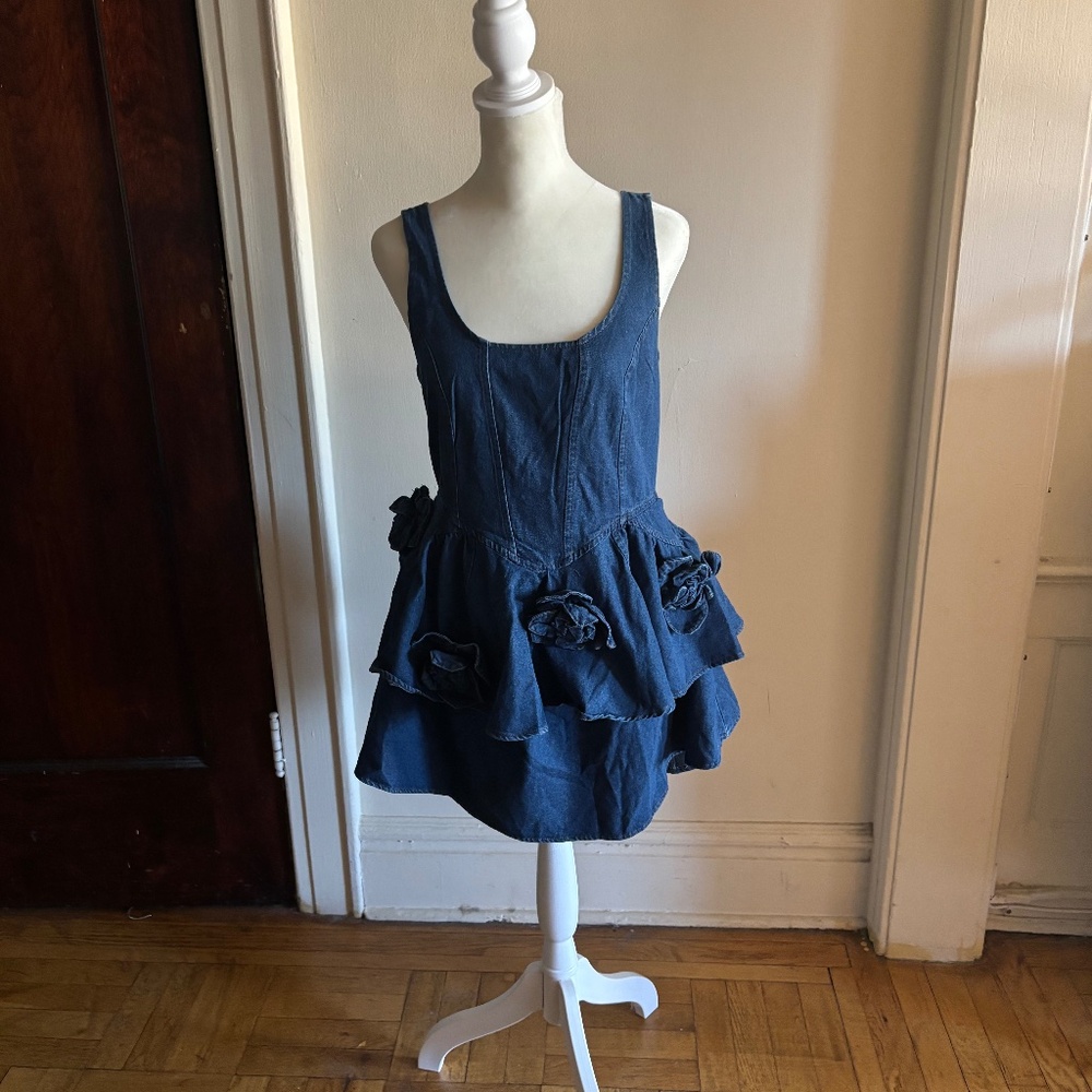 Floral Ruffle Denim Mini Dress-Layered A-Line Strappy Corset Dress, Size L